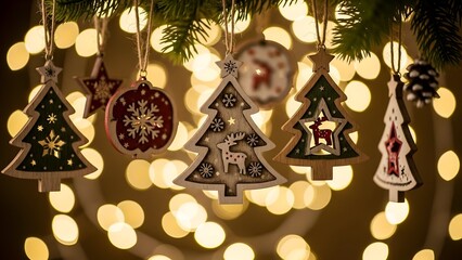 A close-up of rustic wooden Christmas ornaments, including stars, trees, and a red heart, hanging on a Christmas tree with warm, glowing lights.