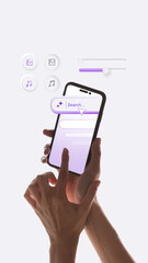 Abstract composition. Hands using smartphone with purple floating icons for media search and control. Concept of smart technology, entertainment interface, and elegant modern digital experience.