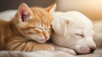 A heartwarming close-up of an adorable ginger kitten and a white puppy sleeping peacefully side-by-side on a soft, cozy blanket.