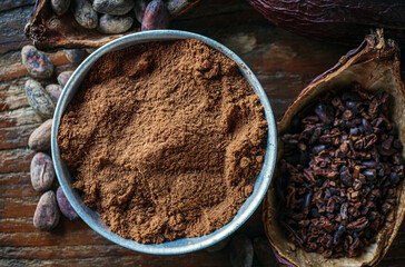 Close-up of Natural cocoa powder with brown cocoa beans and dry cacao nibs