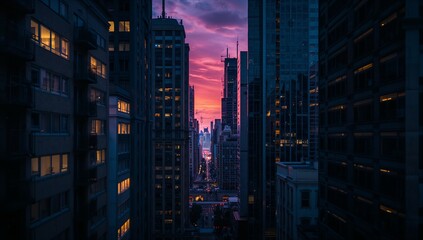 Framing central street corridor glowing under pink sunset sky with skyscrapers, traffic lights
