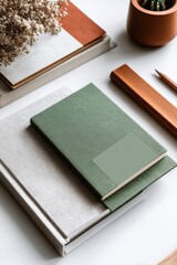 Fototapeta premium Elegant stationery arrangement with books and accessories on a minimalist desk