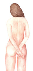 Watercolor nude woman from behind, minimal hand-painted illustration. Isolated on a transparent background