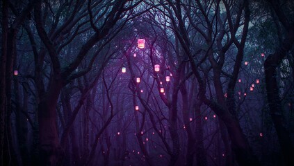Hanging illuminated pink-purple lanterns on thin cords among misty trees at twilight, surreal glow