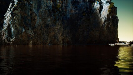 Dramatic cliffs tower over dark, reflective waters as the sun sets, casting warm hues in the sky. Natures beauty is captured in a peaceful, secluded location, evoking a sense of calm.