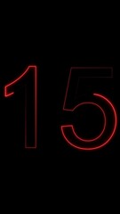 Red neon numbers 15 glowing on black background image