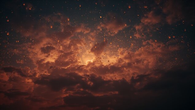 Glowing twilight cloud formations spreading across sky at dusk, with floating ember-like particles - Powered by Adobe