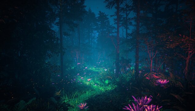 Guiding winding path in misty clearing, with glowing grass, purple flowers, drifting firefly lights