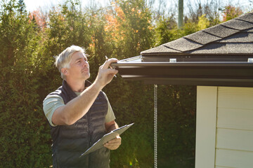 man standing on steps inspecting house roof