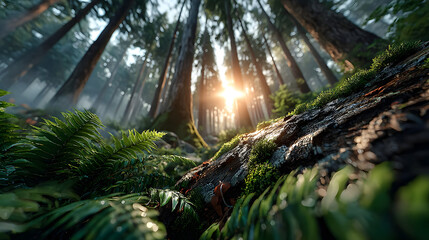 Obraz premium Serene Forest Landscape with Sunlight Filtering Through Trees