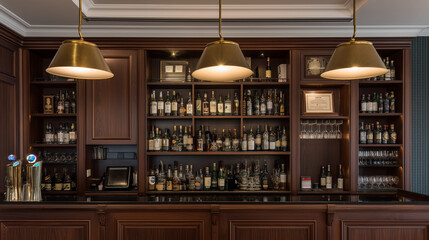 tavern. Classic wooden bar counter interior with warm lighting and rich texture. real-estate listings, architecture portfolios, designed for interior renovation comparisons for interiors.