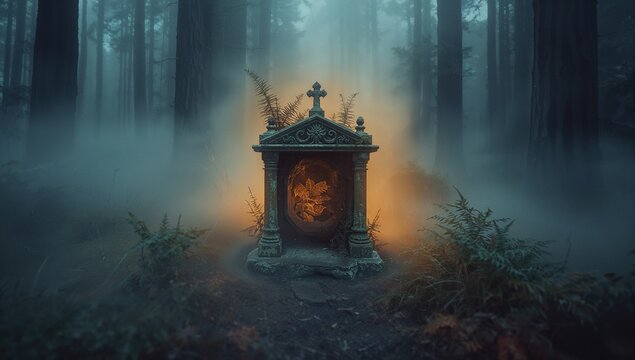 Glowing ornate stone shrine illuminating misty forest ferns, featuring engraved winged figure panel