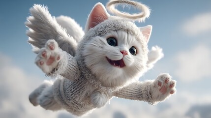An adorable cat dressed in a white angel costume, complete with a halo, poses in mid-air as if flying, bringing a sense of whimsy and magic to the scene.