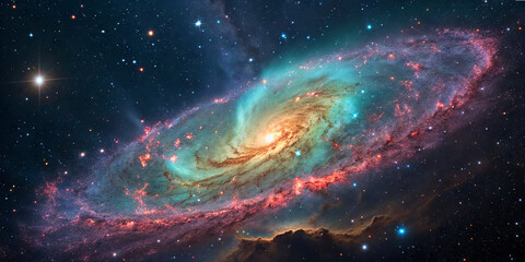 Obraz premium A stunning spiral galaxy displays vibrant hues of blue and pink against a dark backdrop of space. Stars twinkle in the distant background, highlighting cosmic beauty