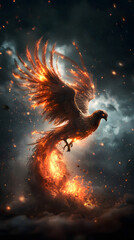 Majestic Firebird Rising from Flames with Glowing Ashes and Sparks