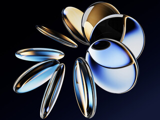 Dark blue 3d background with golden neon glass circle discs. Crystal hologram round disks with light refraction and motion effect. Abstract ring shape of luminous transparent plates. 3D illustration