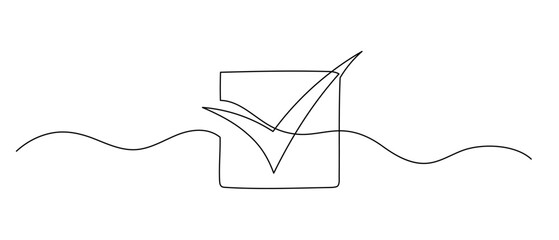 Checkmark in square one line illustration. Hand drawn vector continuous icon isolated on white background. © Elena