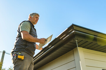 man standing on steps inspecting house roof © Louis-Paul Photo