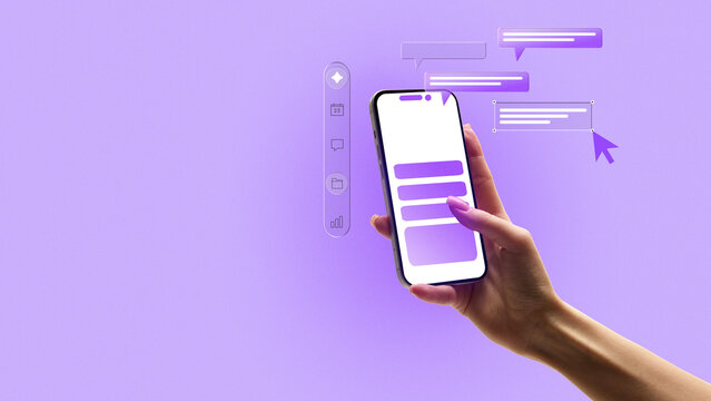 Bright artwork. Hand holding smartphone with floating purple chat windows and data interface elements. Concept of AI communication, voice assistant interaction and digital productivity with calm focus