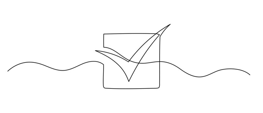 Checkmark in square one line illustration. Hand drawn vector continuous icon isolated on white background.