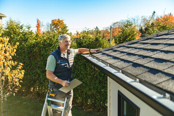 man standing on steps inspecting house roof © Louis-Paul Photo