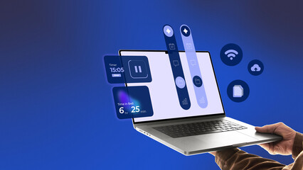 Bold artwork. Hands holding laptop with blue interface icons showing data visualization and cloud...