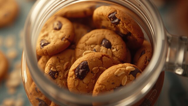 Glass jar displaying peanut butter cookies on kitchen counter, with chocolate chunks, oats, crumbs - Powered by Adobe
