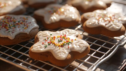 Displaying star-shaped gingerbread cookies on cooling rack with icing and sprinkles in kitchen