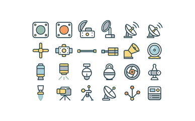of vector colored flat icons. outline stroke user interface simple colored icons style Space (instruments) sensor on sensor off cover open cover closed stream active stream inactive tracker