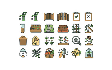 of vector colored flat icons. outline stroke user interface simple colored icons style Gardening (process) pump on pump off gate open gate closed task active task inactive soil test bed