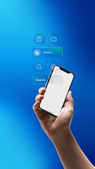 Creative digital artwork. Smartphone with floating blue interface for focus and security control system. Concept of digital privacy, smart home management, and calm technology efficiency.