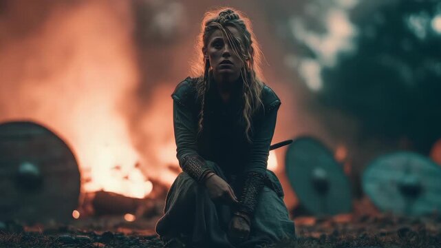 Fierce Warrior Woman Amidst Fiery Battle Scene