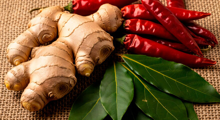 Fresh ginger root with red chili peppers and bay leaves on a burlap background. Aromatic spices and herbs for cooking. Healthy food ingredients still life