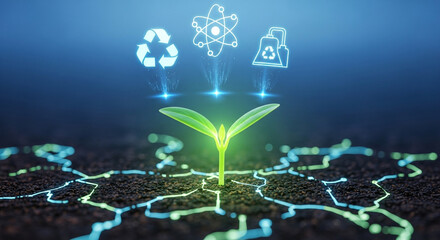 Bioluminescent Seedling Sprouting from Glowing Soil with Holographic Energy Symbols
