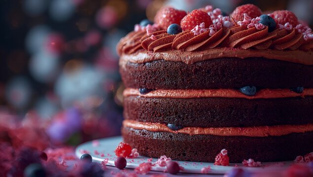 Displaying tiered raspberry-frosted chocolate cake on plate in studio, with berries and sprinkles