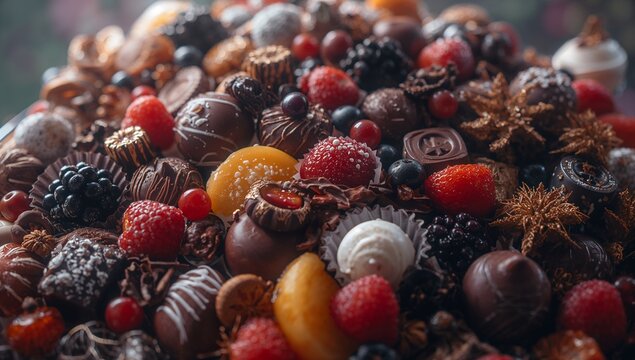 Featuring assorted chocolate truffles and bonbons on dessert tray with berries and apricot slices