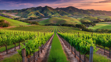 Fototapeta premium vineyard. Golden hour vineyard landscape with rows of grapevines extending toward rolling hills, travel magazines, destination branding, designed for outdoor magazines and nature guides.