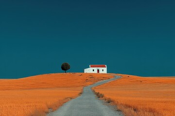 Obraz premium Path Leading to a Small House Amid Orange Fields and Blue Sky