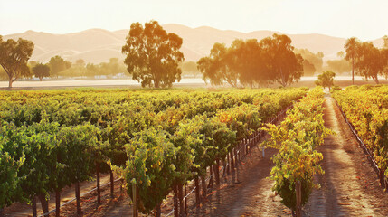 Naklejka premium vineyard. Golden hour vineyard landscape with rows of grapevines extending toward rolling hills, travel magazines, destination branding, designed for outdoor magazines and nature guides.