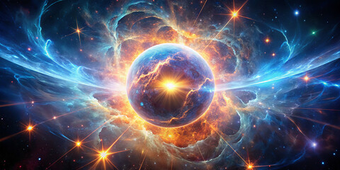 Fototapeta premium A stunning visual captures a colorful cosmic explosion in deep space. Bright colors swirl around a newly formed celestial body, reflecting the dynamic nature of the universe at play