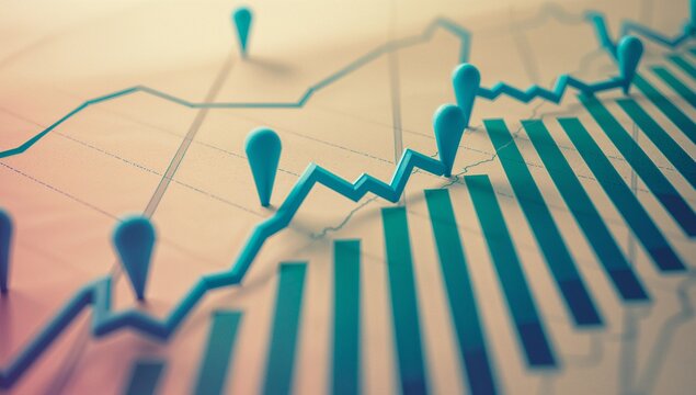 Displaying 3D vertical bar chart and line graph on grid paper background, with teardrop markers