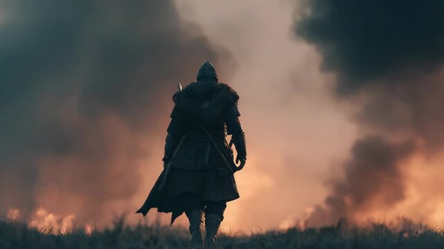 Brave Warrior Amidst Fiery Chaos on the Battlefield