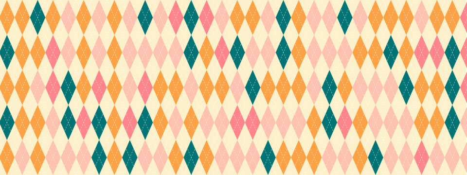 Modern argyle seamless background with pastel check elements. Diamond shapes in pink, orange, green create repeating pattern with line accents. Vector backdrop for cozy fabric and wallpaper designs