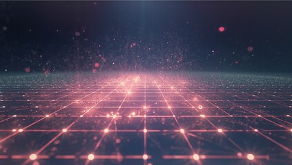 Glowing neon grid plane reaching horizon in 3D matrix, with luminous nodes and particles drifting