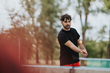 A man in a black shirt and red shorts plays table tennis in a sunny park, concentrating on his technique with a paddle in hand.