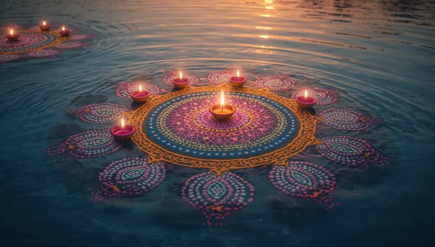 Floating decorative rangoli pattern creating reflections on lake at dusk, with diyas around - Powered by Adobe