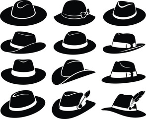 A diverse collection of elegant hat silhouettes, featuring various classic and contemporary styles for fashion, design, and apparel projects