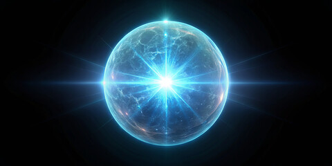 Obraz premium A vibrant blue sphere emits a powerful light in a dark void. The bright glow and radiant beams create a sense of cosmic wonder and energy. This captures the beauty of the universe