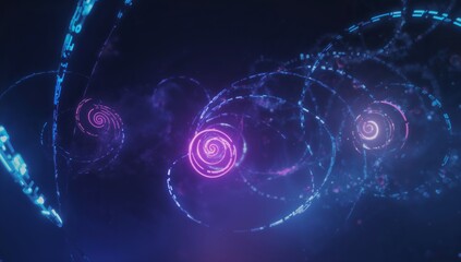 Glowing pink neon spiral swirling in dark cosmic void, with dotted light trails and spark particles