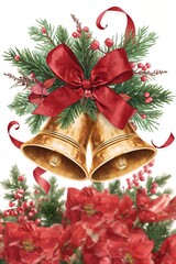 Festive Christmas bells with red ribbon and holly. This image captures the joyful spirit of the holiday season, evoking warmth and cheer